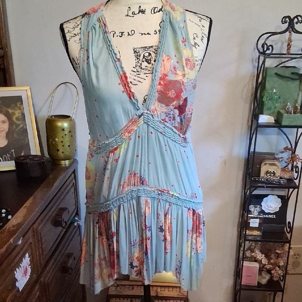 Free People Purple Haze Light Blue Floral Halter Tunic Top /Mini Dress Small